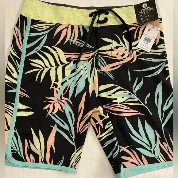 Volcom Boys Board Shorts Print Tie Waist Tropical NEW Black Blue 29 - Picture 1 of 10